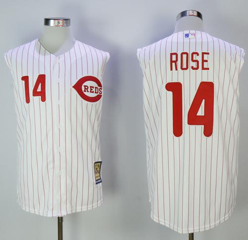 Mitchell And Ness 2000 Reds #14 Pete Rose White Strip Throwback Stitched MLB Jersey - Click Image to Close